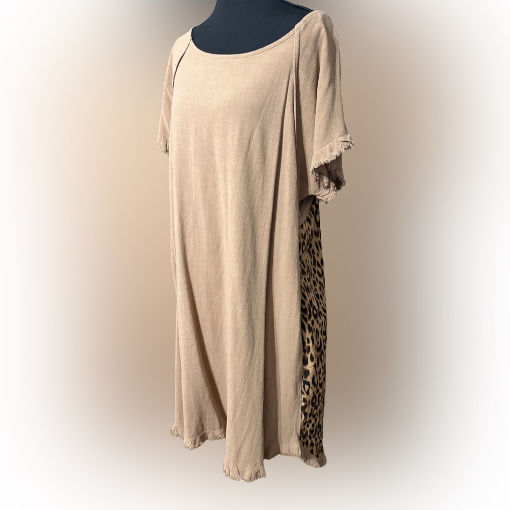 Umgee‎ Tan Slight High Low Dress with Leopard Print Back Size Medium